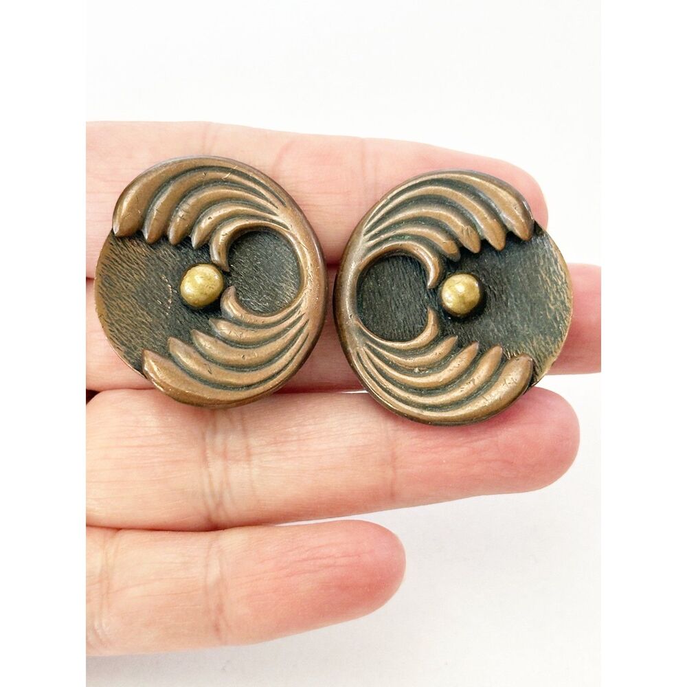Vintage Bronze Tone Abstract Clip-On Earrings Textured Swirl Design Retro Style